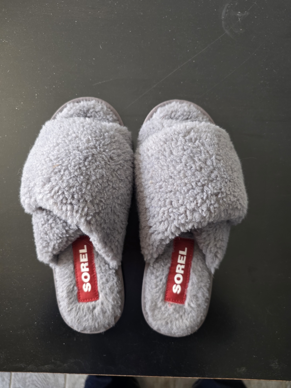 Sorel Gray Plush Sherpa Slide Slippers with Red Logo